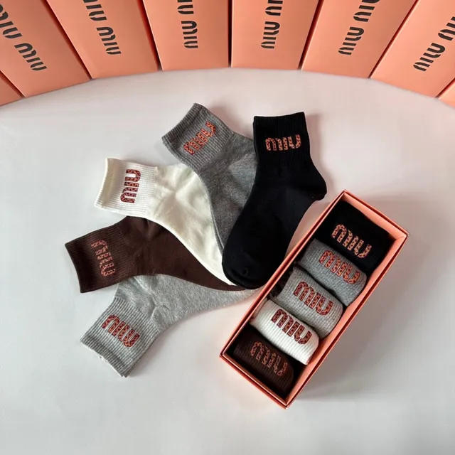 Miu Miu Logo Embroidered Black Gray Ribbed Cuff Socks 9