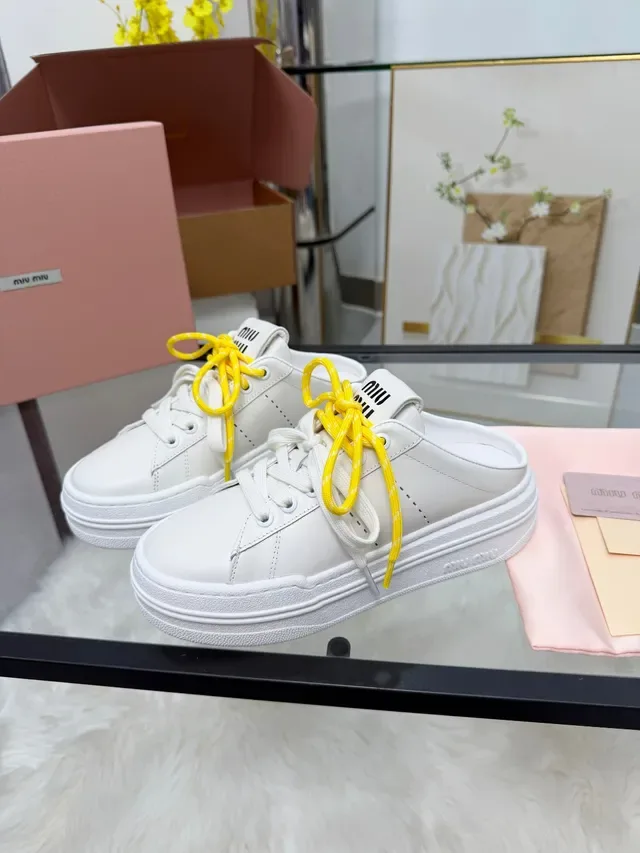 Miu Miu Wander Blanc Jaune Cuir Supérieur Lacet Contraste Chaussures Lifestyle 4