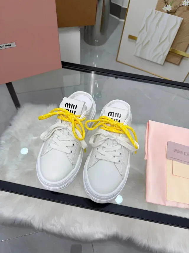 Miu Miu Wander Blanc Jaune Cuir Supérieur Lacet Contraste Chaussures Lifestyle 5