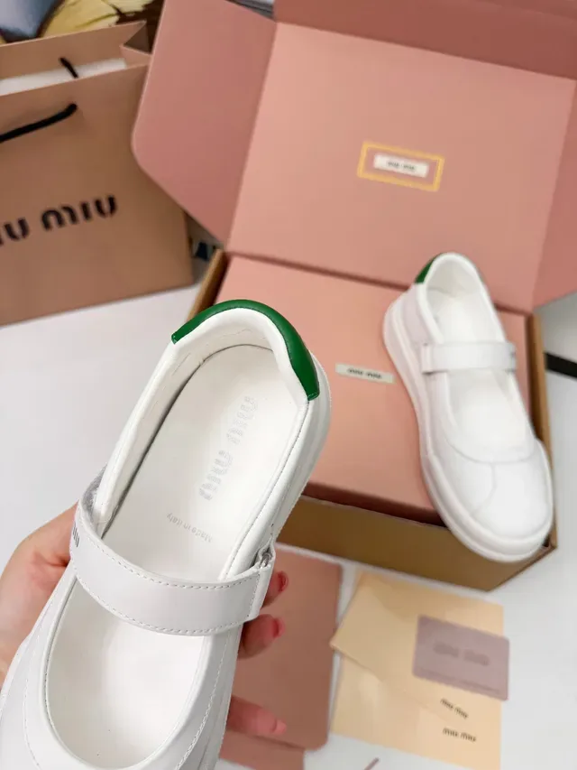 Miu Miu White Green Leather Heel Tab Mary Jane Shoes 2