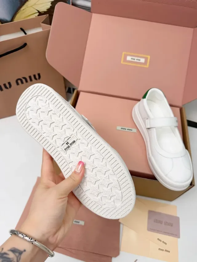 Miu Miu White Green Leather Heel Tab Mary Jane Shoes 3