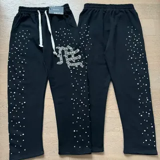 Mixed Emotion Rhinestone-Embellished Graphic Logo Black Sweatpants