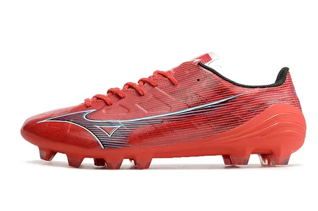 Mizuno Rouge Argent Low-Cut Upper Synthétique Clous Coniques Sol Ferme Chaussures de Football 7