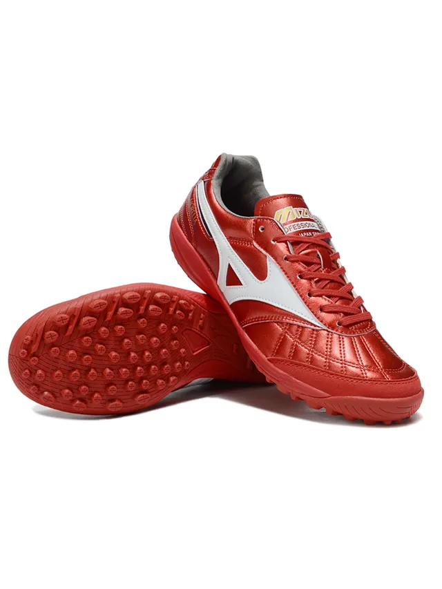 Mizuno Chaussures de football indoor avec empeine de cuir matelassé rouge blanc métallique RunBird logo rayures 2