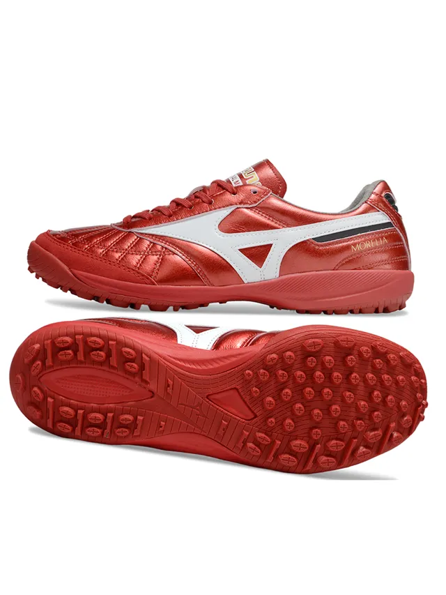 Mizuno Chaussures de football indoor avec empeine de cuir matelassé rouge blanc métallique RunBird logo rayures 4