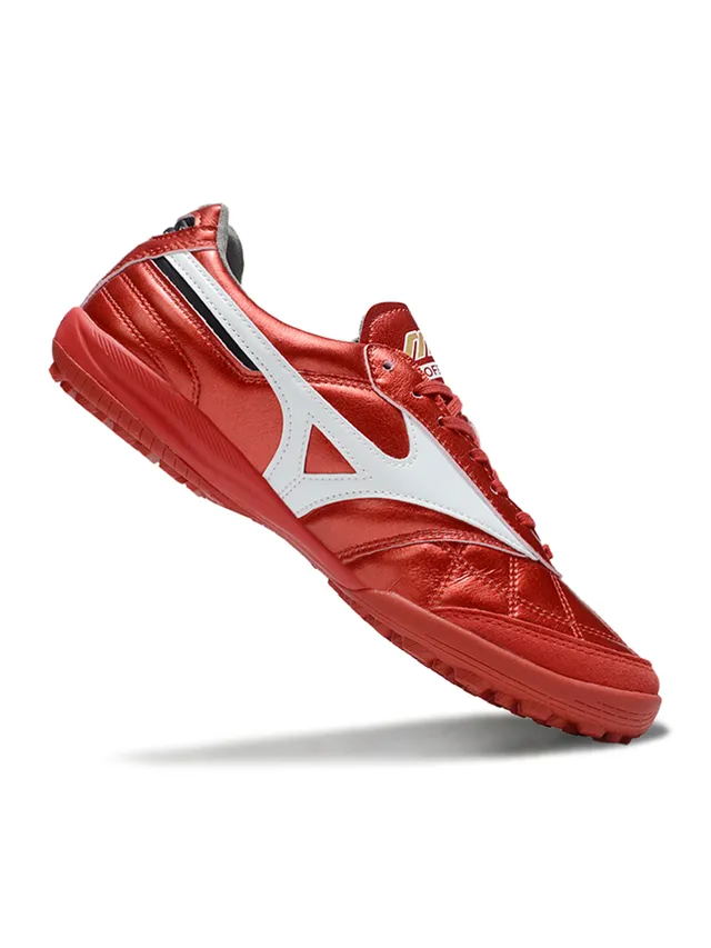 Mizuno Chaussures de football indoor avec empeine de cuir matelassé rouge blanc métallique RunBird logo rayures 6