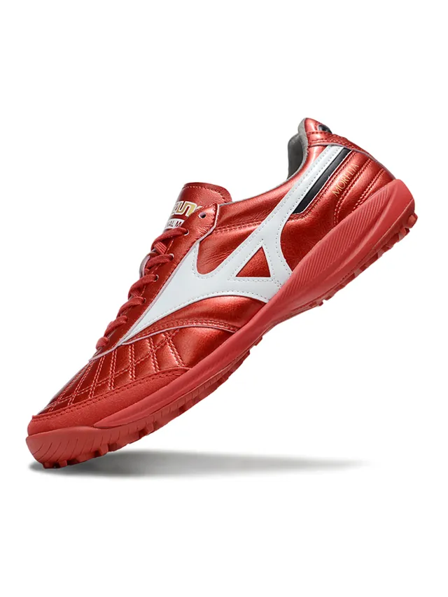 Mizuno Chaussures de football indoor avec empeine de cuir matelassé rouge blanc métallique RunBird logo rayures 7