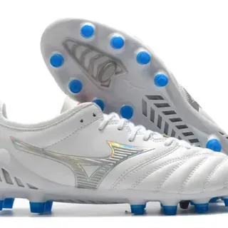 Mizuno White Blue Quilted Leather Upper Iridescent Silver Logo Firm-Ground Soccer Shoes