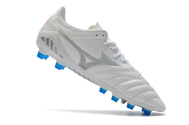 Mizuno White Blue Quilted Leather Upper Iridescent Silver Logo Firm-Ground Soccer Shoes 2