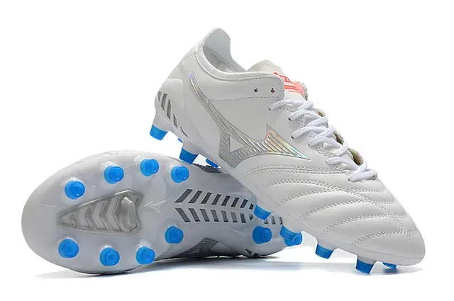 Mizuno White Blue Quilted Leather Upper Iridescent Silver Logo Firm-Ground Soccer Shoes 4