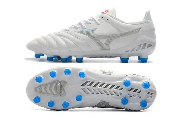 Mizuno White Blue Quilted Leather Upper Iridescent Silver Logo Firm-Ground Soccer Shoes 6