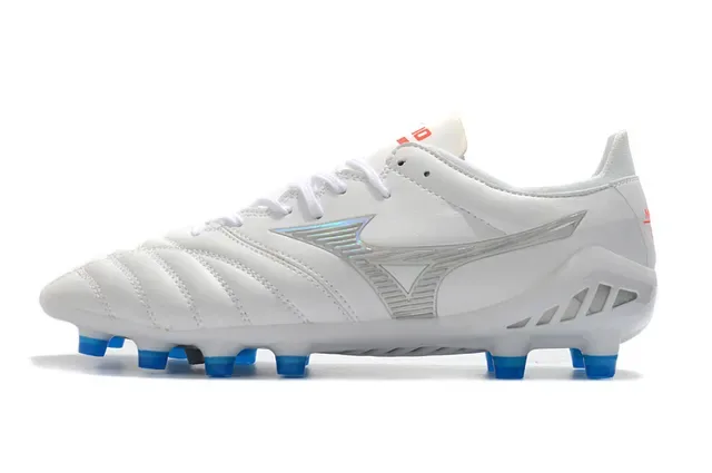 Mizuno White Blue Quilted Leather Upper Iridescent Silver Logo Firm-Ground Soccer Shoes 7