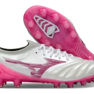 Mizuno White Pink Quilted Leather Toe Synthetic Wave Graphic Firm-Ground Soccer Shoes