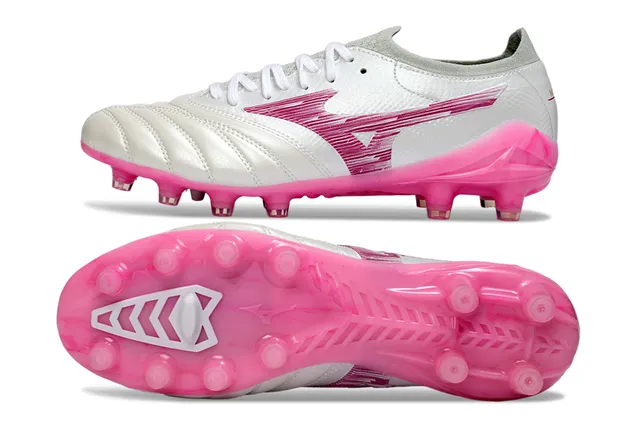 Mizuno Chaussures de football blanc et rose, pointe en cuir quilté, toe synthétique, graphique d'onde, pour terrain ferme 6