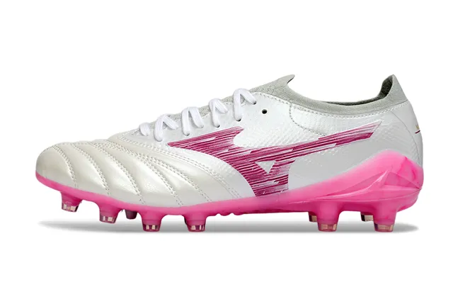Mizuno Chaussures de football blanc et rose, pointe en cuir quilté, toe synthétique, graphique d'onde, pour terrain ferme 7