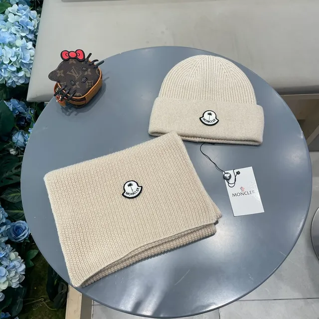 Moncler Beige Ribbed Knit Folded Cuff Beanie 2
