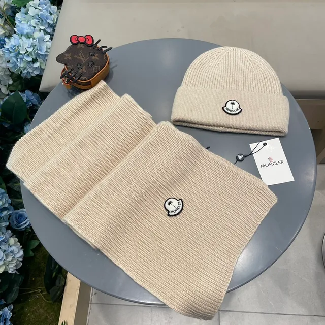 Moncler Beige Ribbed Knit Folded Cuff Beanie 4