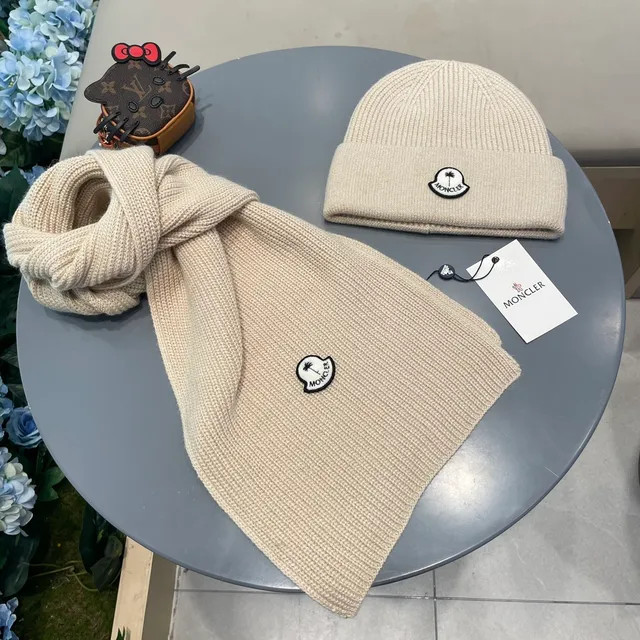 Moncler Beige Ribbed Knit Folded Cuff Beanie 5