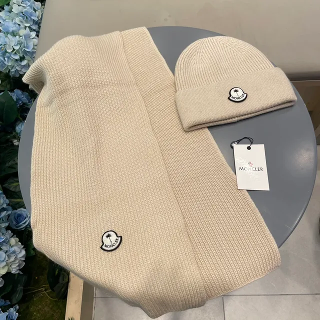 Moncler Beige Ribbed Knit Folded Cuff Beanie 8