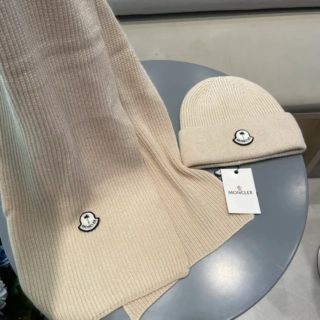 Moncler Beige Ribbed Knit Folded Cuff Beanie 9