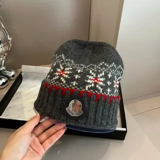 Moncler Gray Red Nordic Fair Isle Knit Folded Ribbed Cuff Beanie