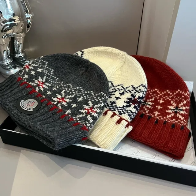 Moncler Gris Rouge Nordique Fair Isle Tricot Plié Côtelé Manchette Toque 2