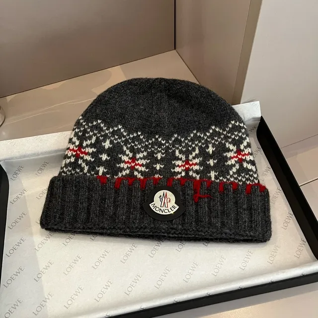 Moncler Gris Rouge Nordique Fair Isle Tricot Plié Côtelé Manchette Toque 6