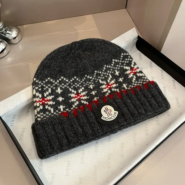 Moncler Gris Rouge Nordique Fair Isle Tricot Plié Côtelé Manchette Toque 7