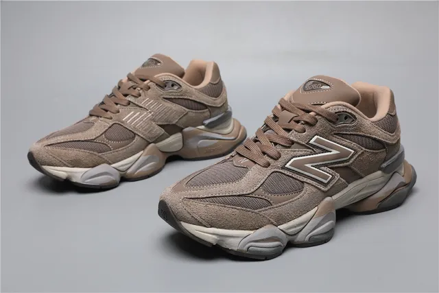 New Balance بني بيج طبقة جلد ألدغ فوق شبكة غير متماثلة بناء قفص رياضي حذاء رياضي كثيف 5