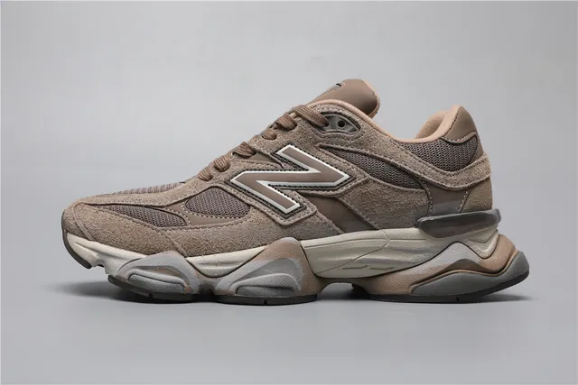 New Balance بني بيج طبقة جلد ألدغ فوق شبكة غير متماثلة بناء قفص رياضي حذاء رياضي كثيف 9