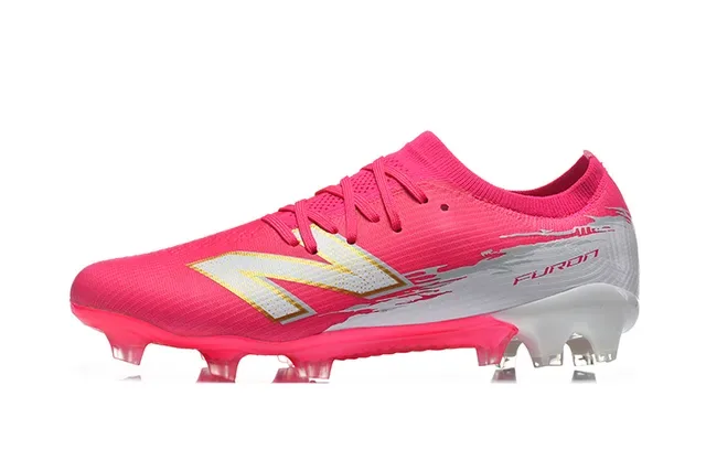 New Balance Furon Chaussures de football upper knit rose blanc crampons coniques moulés terrain ferme 10