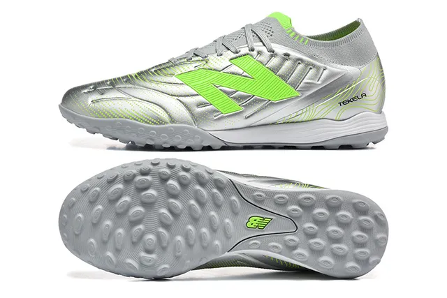 New Balance Tekela Silver Green Chaussures de football turf à coupe basse, tige synthétique, semelle moulée 9