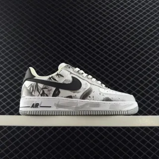 Nike Air Force 1 श्वेत काला लो-टॉप इंक-वॉश बांस प्रिंट जीवन शैली जूते