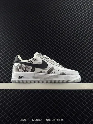 Nike Air Force 1 White Black Low-Top Ink-Wash Bamboo Print Lifestyle Sneakers 2