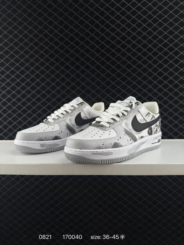 Nike Air Force 1 White Black Low-Top Ink-Wash Bamboo Print Lifestyle Sneakers 3
