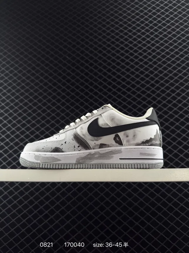 Nike Air Force 1 White Black Low-Top Ink-Wash Bamboo Print Lifestyle Sneakers 6