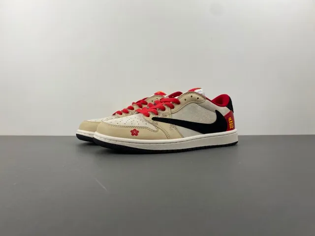 Nike Air Jordan 1 Low Beige Red Floral Embroidery Lifestyle Sneakers 10