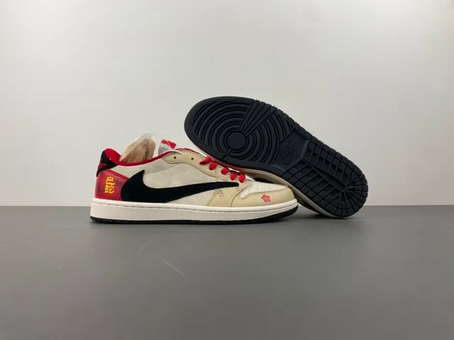 Nike Air Jordan 1 Low Beige Red Floral Embroidery Lifestyle Sneakers 12