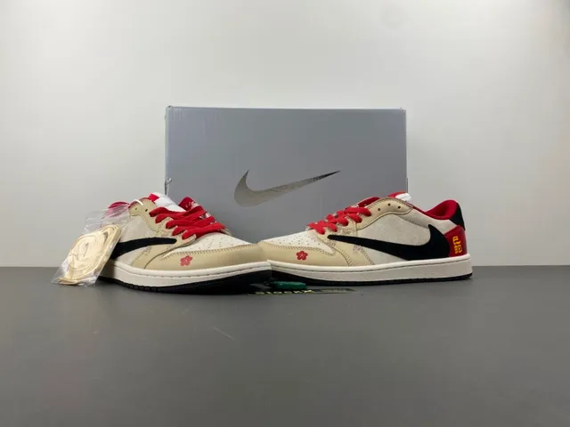 Nike Air Jordan 1 Low Beige Red Floral Embroidery Lifestyle Sneakers 13