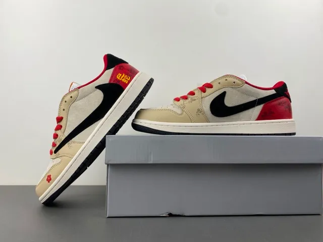 Nike Air Jordan 1 Low Beige Red Floral Embroidery Lifestyle Sneakers 14