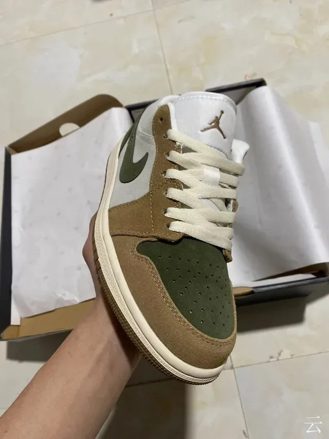 Nike Air Jordan 1 Low Olive Green Beige Suede Lifestyle Sneakers 2