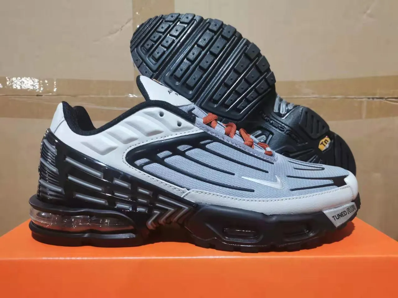 Nike Air Max Plus Tuned Gray Black Orange Lifestyle Sneakers 4