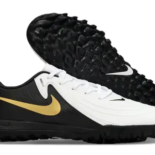 Nike Zapatos de fútbol turf negro y oro con empeine sintético de corte bajo