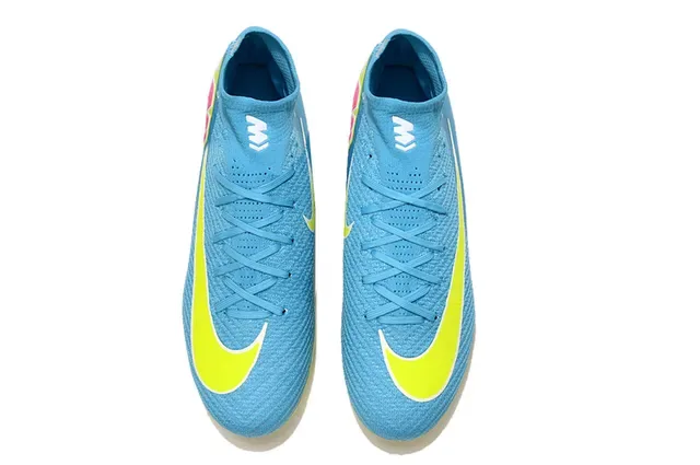 Nike Chuteira de futebol azul e amarela de cano alto com upper de knit para gramado firme 2