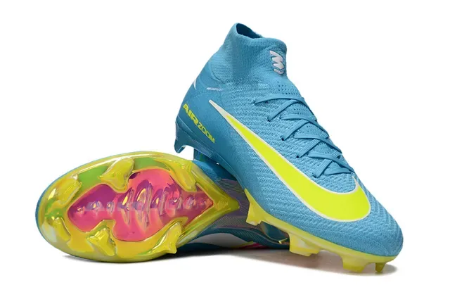 Nike Chuteira de futebol azul e amarela de cano alto com upper de knit para gramado firme 3