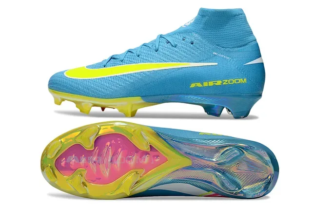 Nike Chuteira de futebol azul e amarela de cano alto com upper de knit para gramado firme 5
