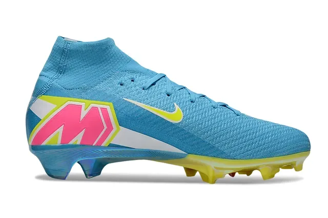 Nike Chuteira de futebol azul e amarela de cano alto com upper de knit para gramado firme 7