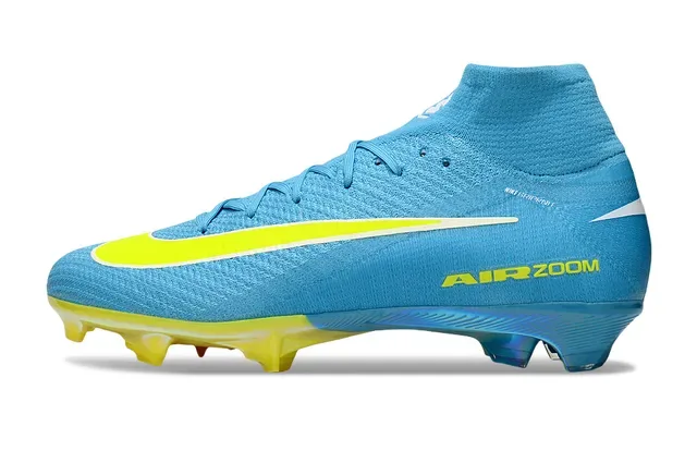 Nike Chuteira de futebol azul e amarela de cano alto com upper de knit para gramado firme 8