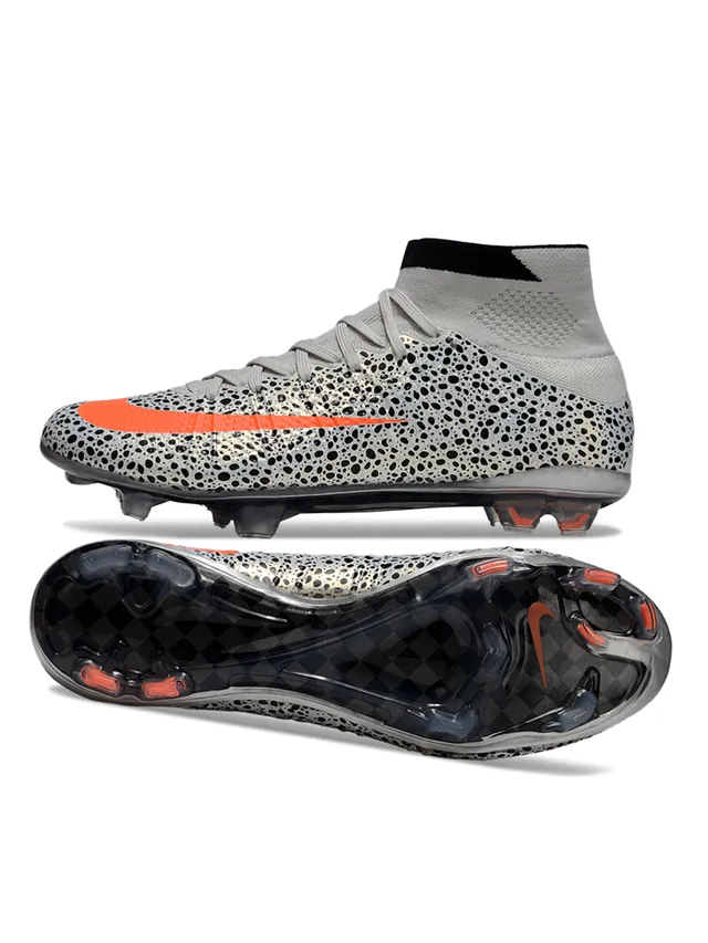 Nike Gray Orange High-Cut Knit Collar Speckled Perforated Upper Firm-Ground Soccer Shoes 7