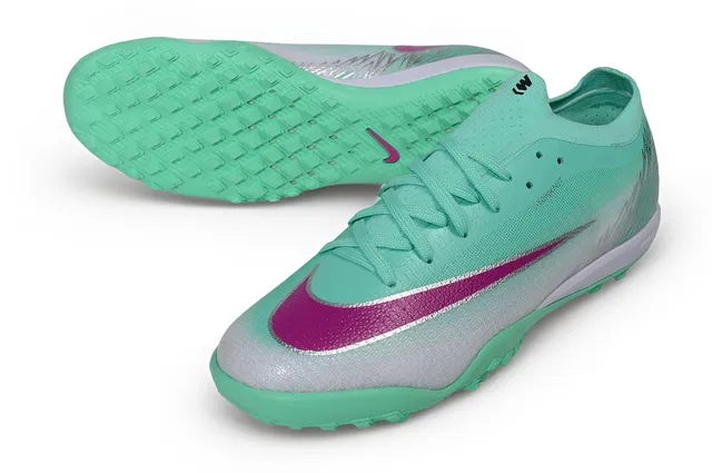 Nike Verde Rosa Baixo Corte Malha Superior Construção Atomknit Relvado Sapatos de Futebol 4